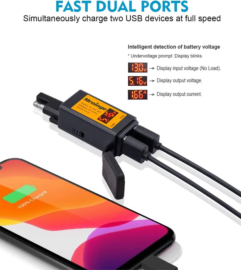 Mroinge Motorcycle USB Charger, 4.8A SAE to USB Adapter with Voltmeter & Ammeter, Quick Disconnect Plug with Dual USB Charger Perfect for Smart Device Charging, with ON/Off Switch & Waterproof Cover - Image 3